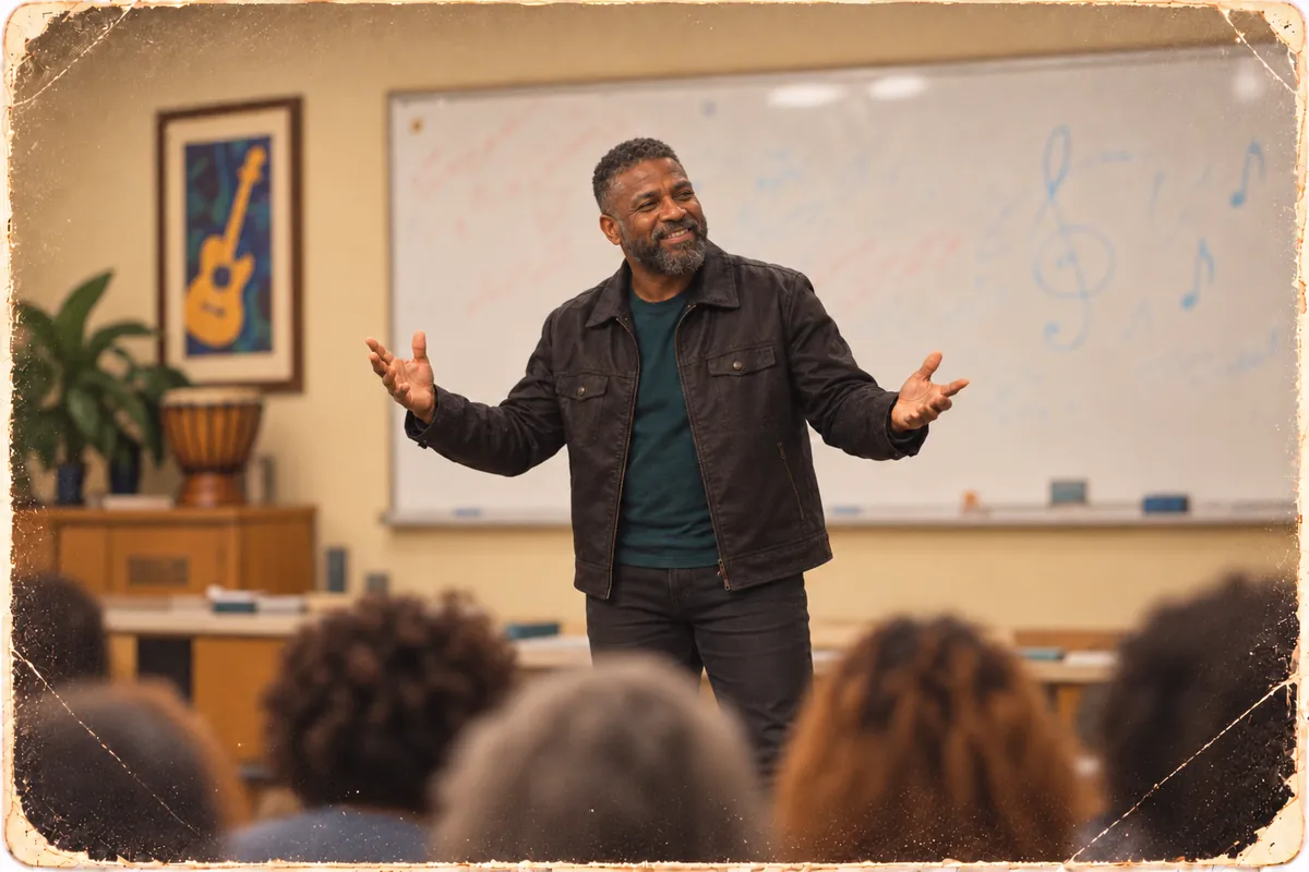 Derek speaks to a room full of students and families in the studio.
