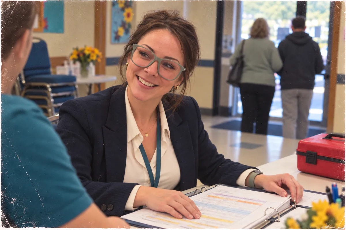 A supervisor smiles at the sign-in table with a binder of plans.