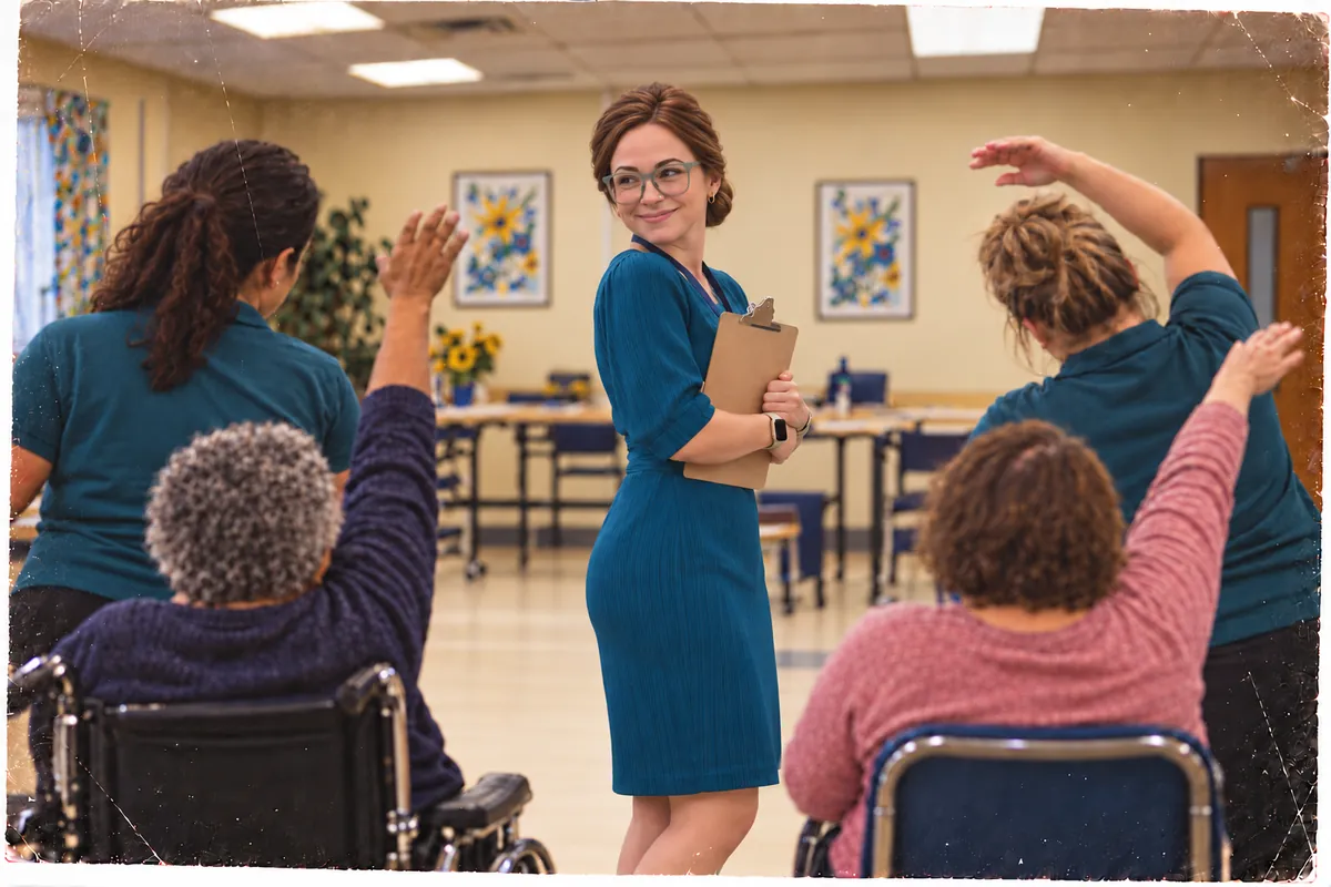 A program supervisor with a clipboard turns to smile at a seated movement class.