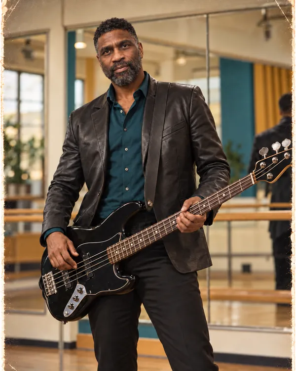Derek, founder, plays bass in a vintage studio.