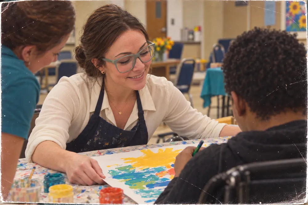 A supervisor in a paint apron guides a student’s painting of a yellow sun.