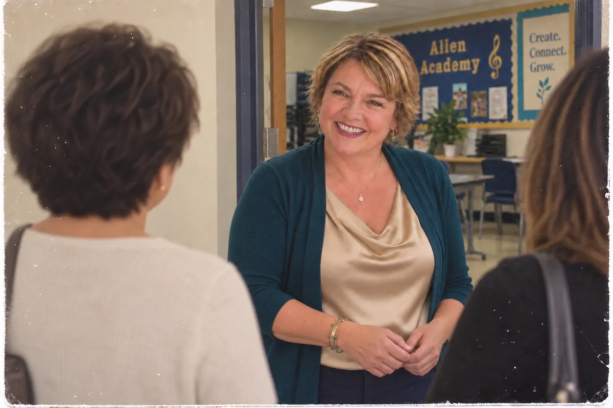 A family-partnership specialist greets two visitors at the door.